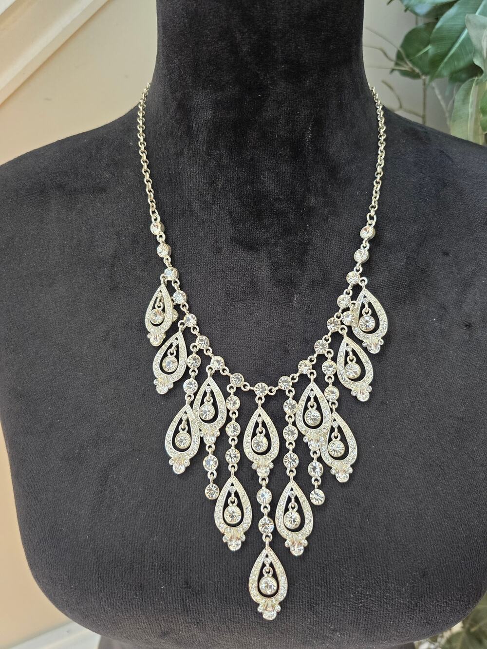 Silver Tone Rhinestone Crystal Teardrop Chandelier Bib Statement Necklace